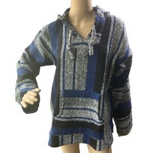 Roxy Blue Striped Hooded Drawstring Baja Sweater Indie Aesthetic Unisex Size Med